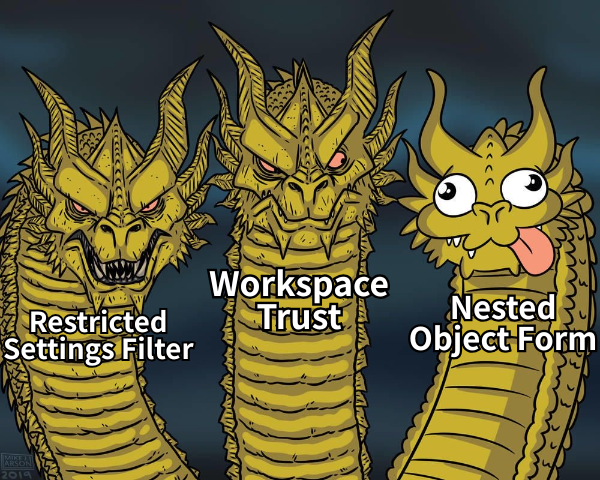 Three-headed dragon meme labeled Restricted Settings Filter, Workspace Trust, and Nested Object Form.