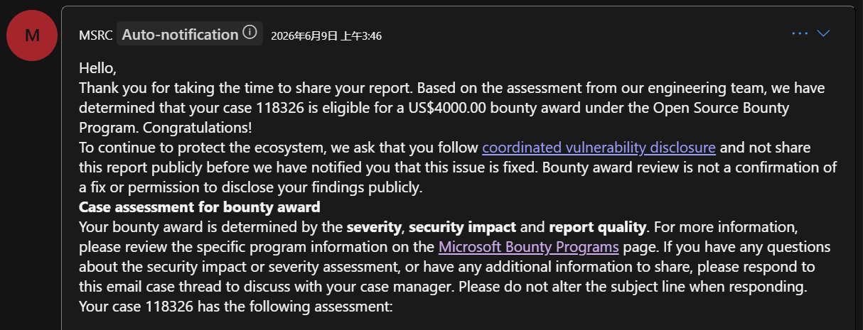MSRC email confirming eligibility for a US$4,000 bounty.