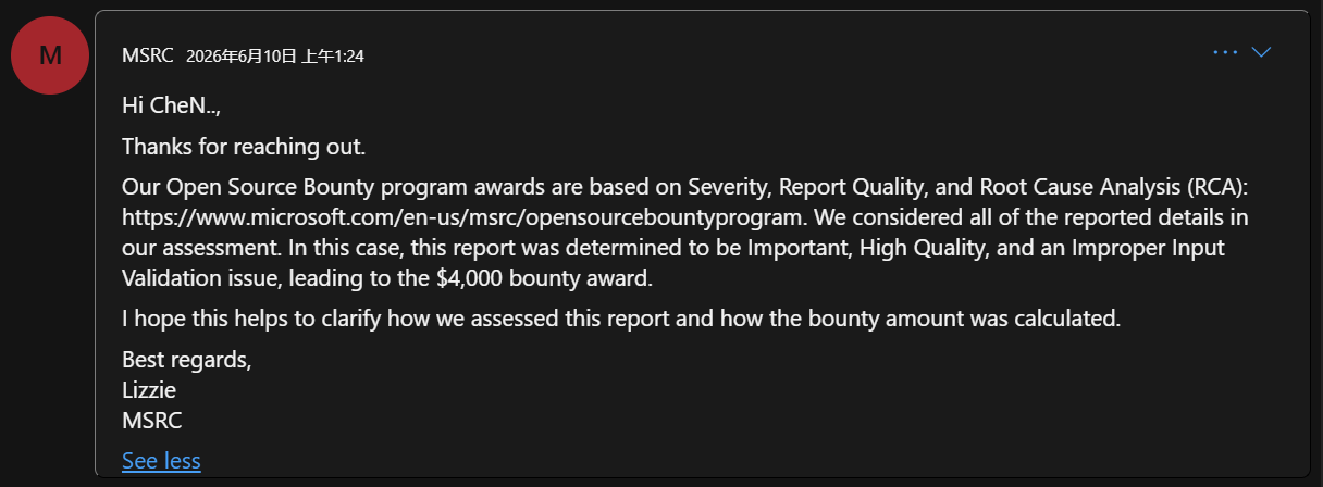 MSRC email explaining the assessment behind the US$4,000 bounty.